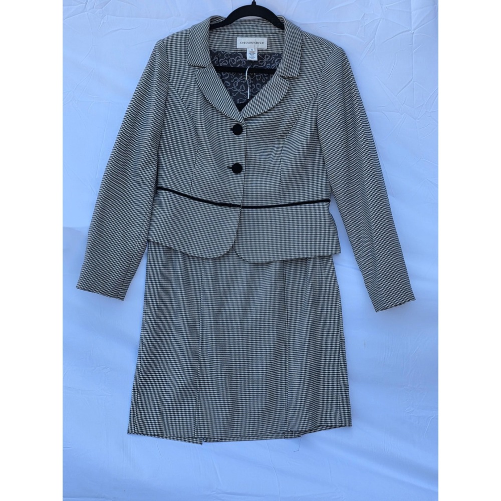 JonesNewYork Suit Womens 8 Blazer Skirt Set Houndstooth Black White Professional